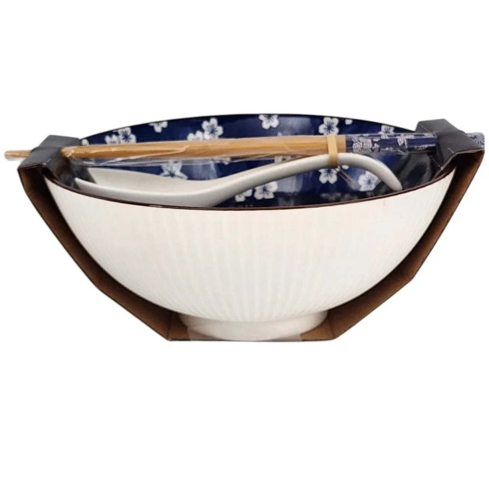 SH Home Blue Floral‎ Ceramic Ramen Noodle Bowl 43oz With Chopsticks And Spoons